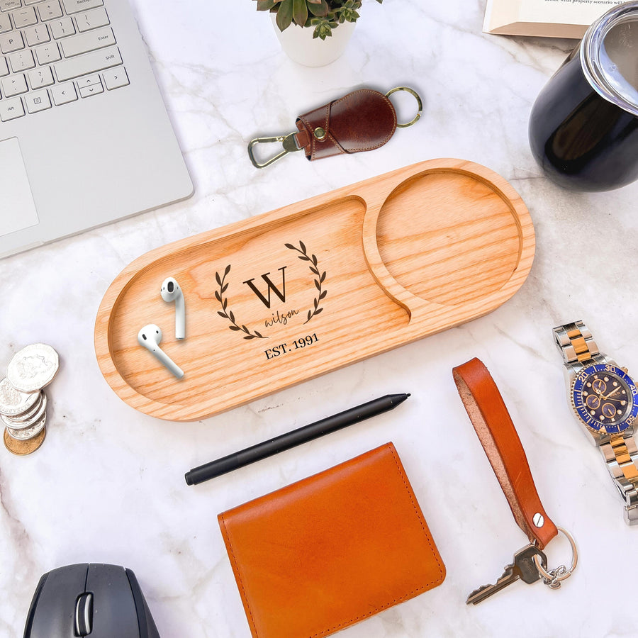 Personalised Round Wooden Jewellery/ Tech/ Office/ Serving/Catchall Tray with Drink Holder, Custom Engraved Timber Wood Valet Organiser Decor Gift