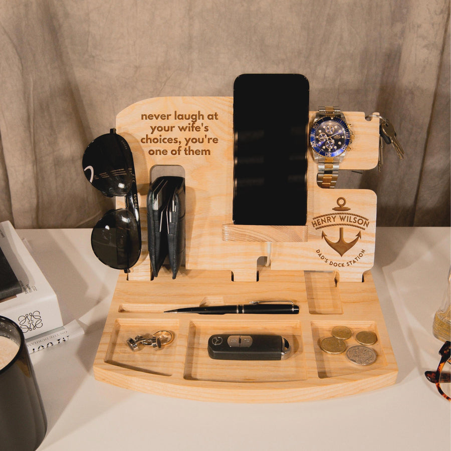 Personalised Oak Docking Station, Night Valet Stand, Wooden Phone & Watch Display, Headphone Holder, Custom Office Desk Charging Organiser, Gift for Him, Dad, Birthday, Housewarming