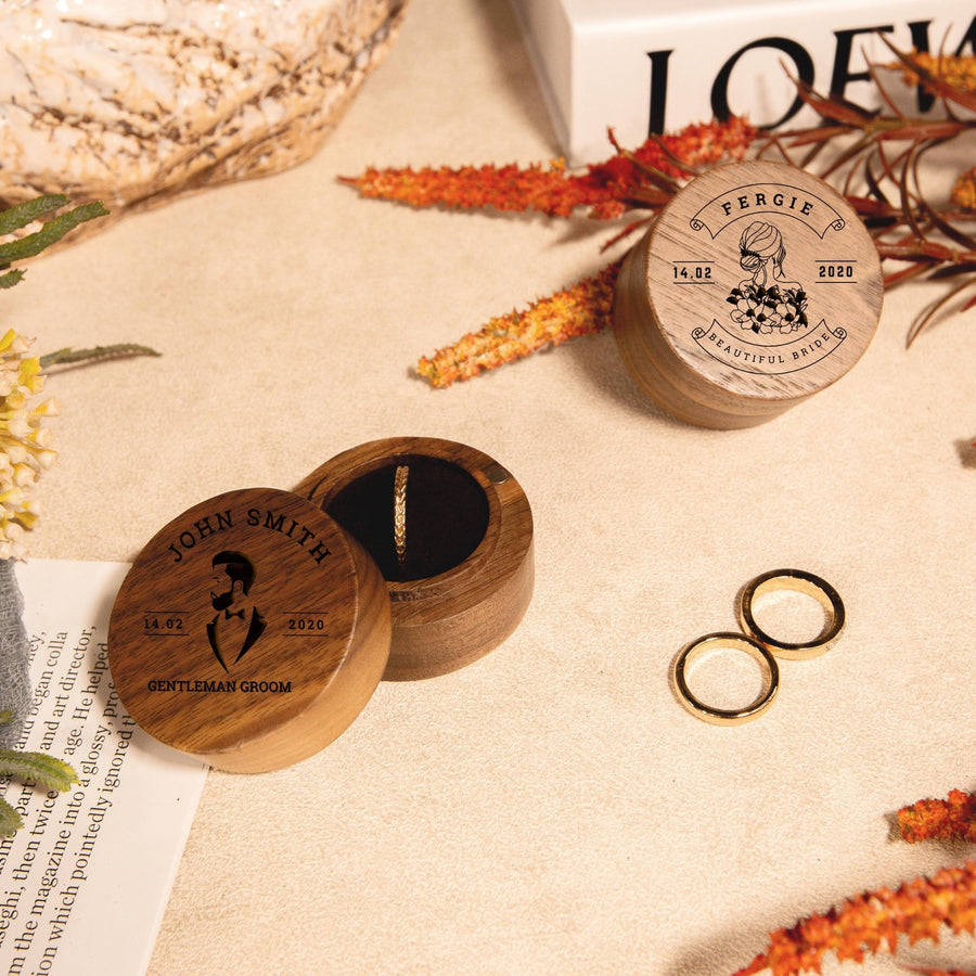 Personalised Wooden Engagement Proposal Ring Bearer Box, Custom Engraved Wedding Single Slot Solid Walnut Round Ring Holder Storage, Anniversary Gift 