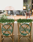 Personalised Wooden/ Mirror Acrylic Wedding Chair Sign for Reception, Custom Matching Pair of Couple Name Signage, Mr & Mrs, Groom & Bride, Hubby & Wifey, Husband & Wife Scribble Leaf Hoop, Rustic Event Photo Prop