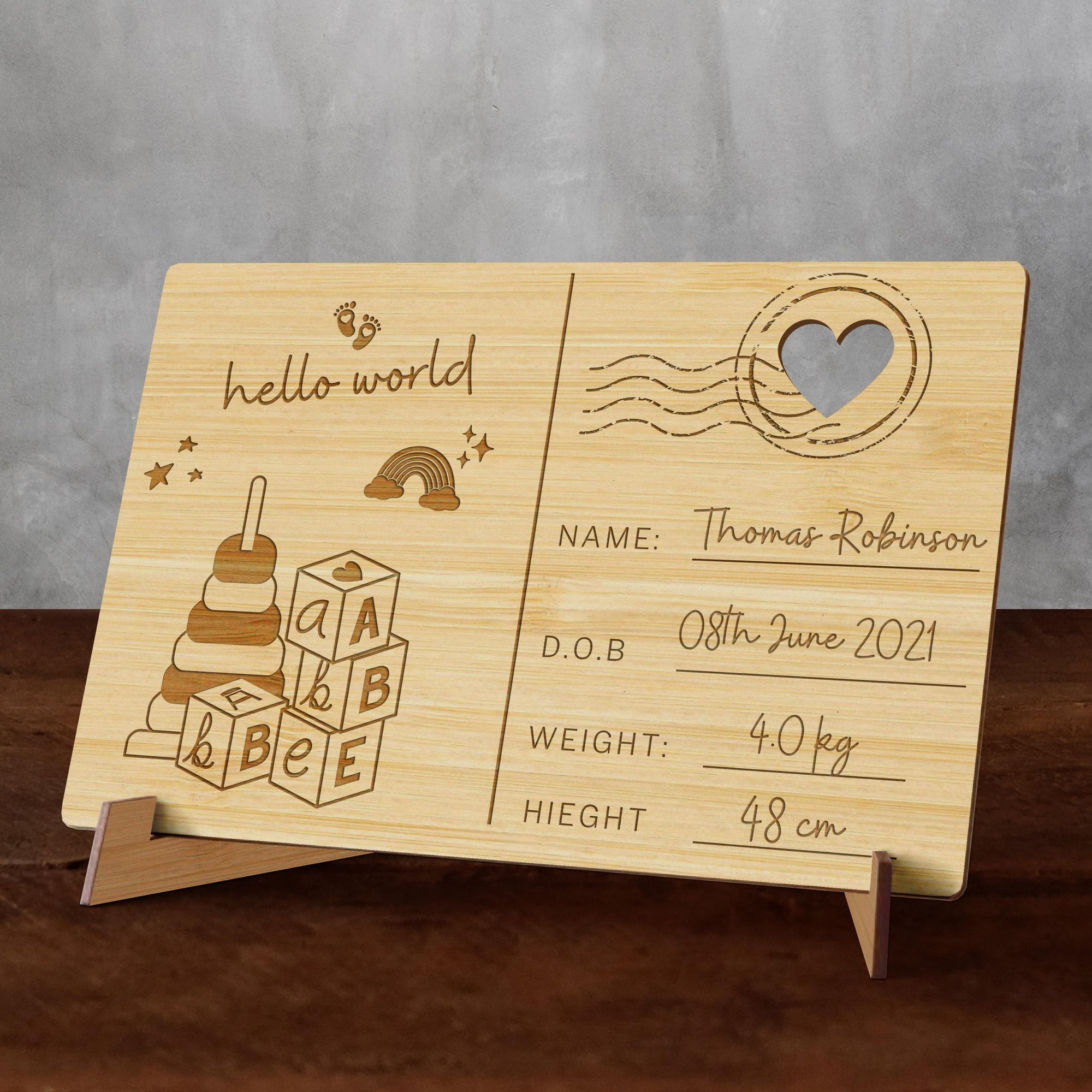 Personalised Wooden Birth Announcement Postcard, Engraved Name, Message Introducing New Baby Arrival &amp; Display Stand, Newborn Keepsake Gift