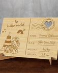 Personalised Wooden Birth Announcement Postcard, Engraved Name, Message Introducing New Baby Arrival & Display Stand, Newborn Keepsake Gift