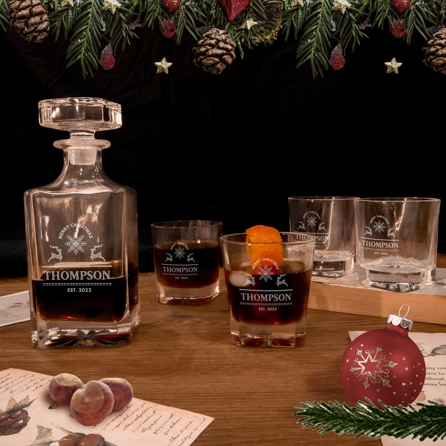 Christmas Engraved Whiskey Decanter Set with 4  Scotch Glasses, Xmas New Year Personalised Custom Monogram Premium Whisky Birthday, Groomsmen,Dad/ Him Gift