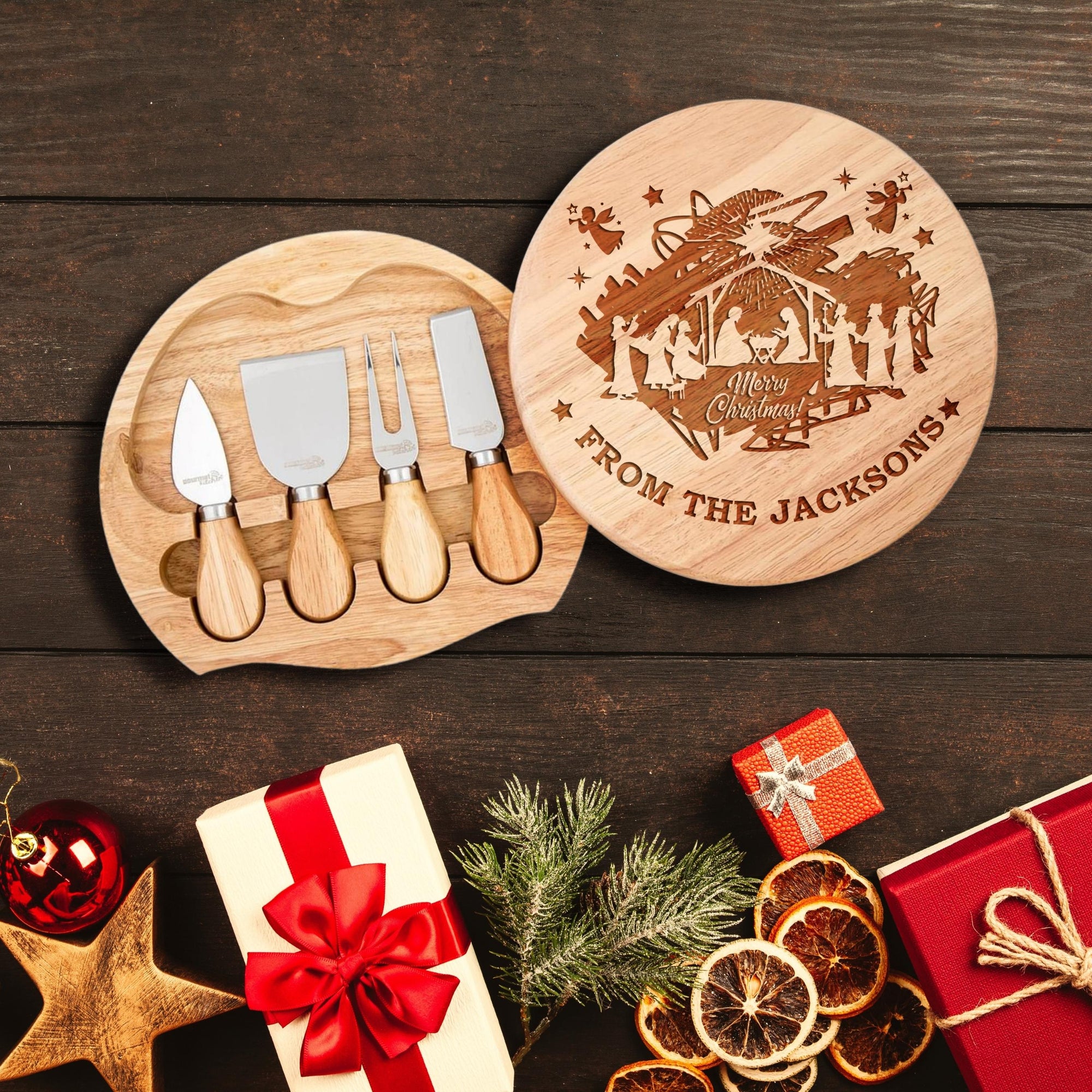 Christmas Personalised Round Wooden Cheese Board & Knife Travel Set, Engraved Custom Noel/ Santa Charcuterie Platter, Xmas/ New Year Corporate Holiday Gift