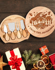 Christmas Personalised Round Wooden Cheese Board & Knife Travel Set, Engraved Custom Noel/ Santa Charcuterie Platter, Xmas/ New Year Corporate Holiday Gift