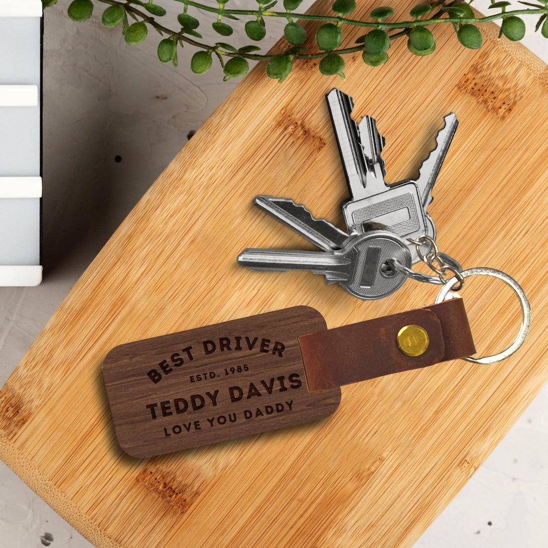 Personalised Wooden Keychain, Custom Wood Key Chain, Logo Engraved Leather Key Ring Tags, Drive Safe Keyrings Gift For Him, Dad/ Corporate, Wedding Favours