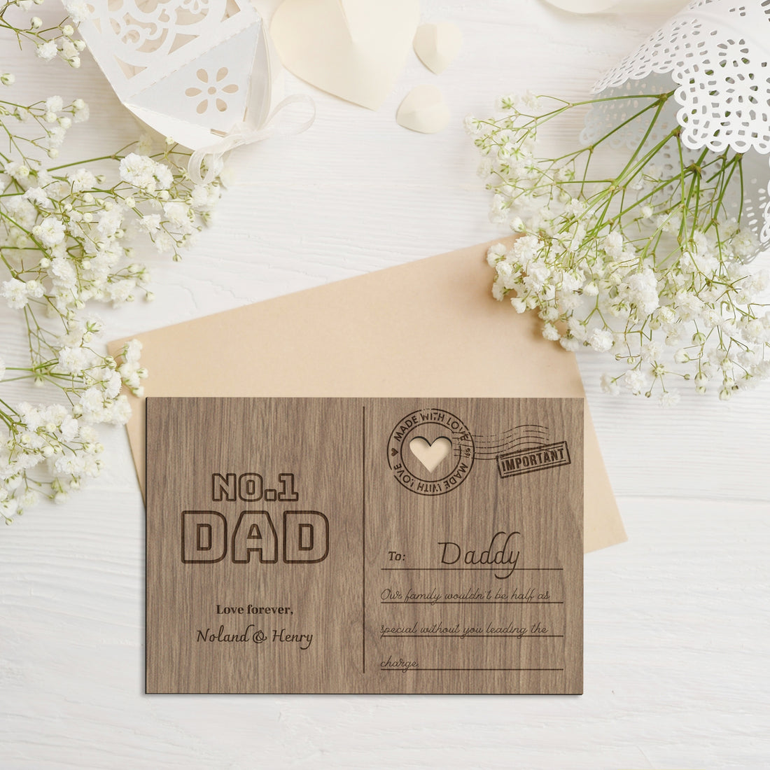 Personalised Wooden Father's Day Postcard, Engraved Timber Celebrate Message & Name Display Stand, Keepsake Gift Card for Dad, Grandpa, Him