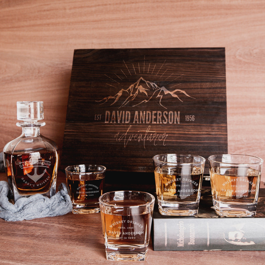Engraved Wooden Boxed Curve Whiskey Decanter Set with 4  Scotch Glasses, Personalised Custom Monogram Premium Rustic Vintage Whisky Birthday, Groomsmen, Bar Gift for Dad/ Him