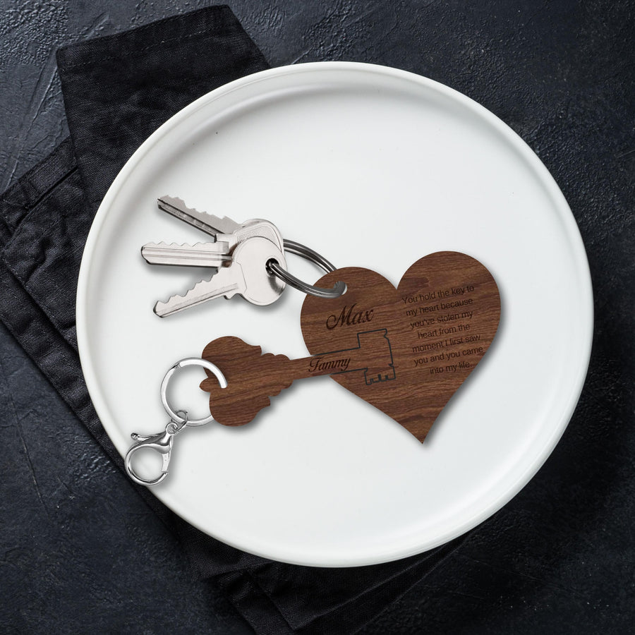 Personalised Couple 2pcs Heart Lock Wooden Keychain, Custom Valentine's Key Ring, Engraved Drive Safe Name Tags, Anniversary Wedding Favours