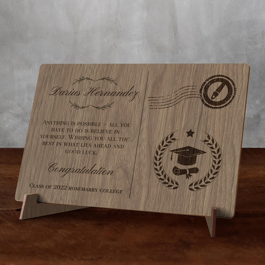 Personalised Wooden Graduation's Day School Postcard, Custom Engraved Timber Message & Name Congratulations Post Card with Display Stand, Wood Carved Keepsake Gift Card
