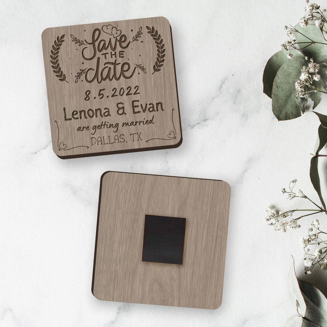 Engraved Wooden Save The Date Square Fridge Magnets, Personalised Rustic Wedding Invitation Card, Remember Date Announcement Guest Gift Tags
