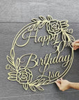 Custom Birthday Flower Scribble Circle Hoop Sign, Bridal Shower Engagement Party Hanging Laser Cut Personalised Wooden Event Photodrop Decor