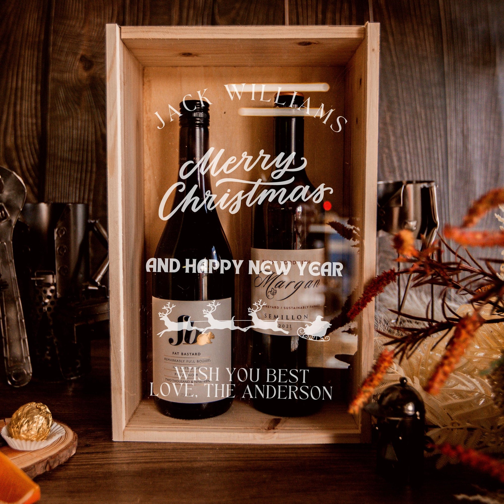 Christmas Personalised Clear Acrylic Lid &amp; Wooden Twin Double Wine Box Gift, Xmas New Year Engraved Custom Housewarming/ Birthday Teacher Corporate Gift