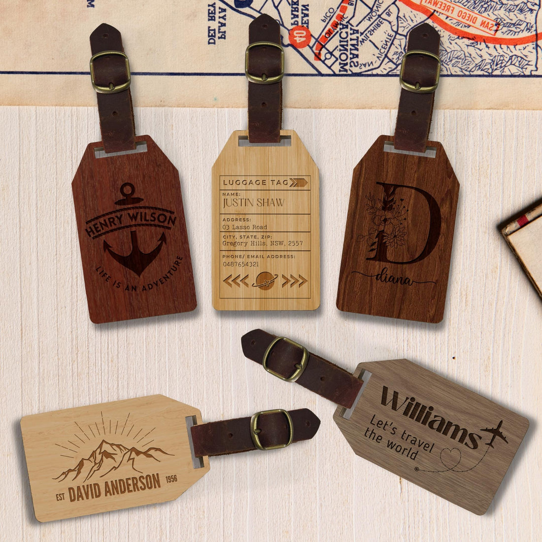 Personalised Wooden Luggage Tag, Custom Wood Travel/ Adventure Bag Strap, Logo Engraved Leather Tags, Gift For Traveller, Her & Him, Dad/ Corporate, Wedding Favours