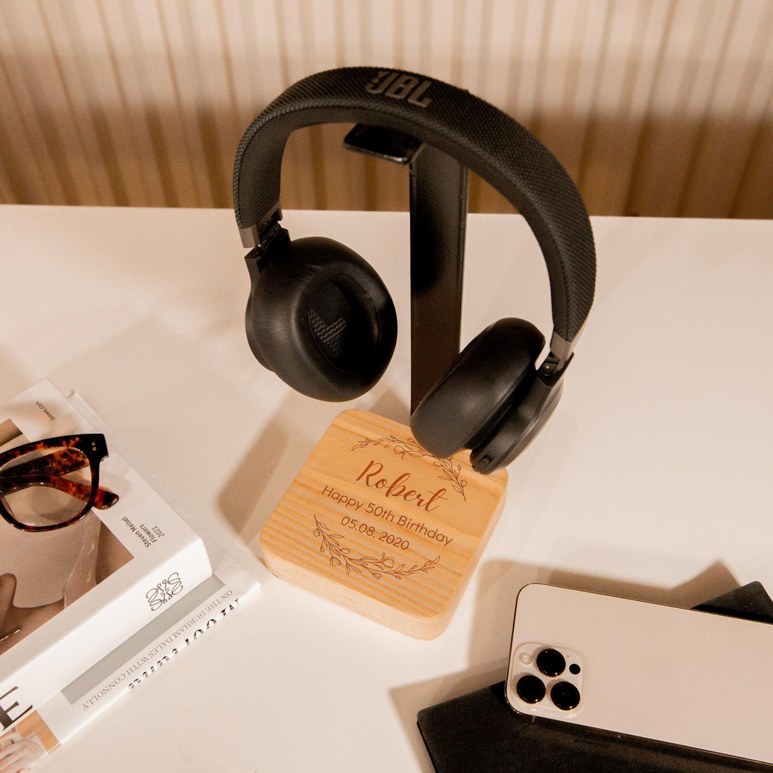 Personalised Wooden Headphone Stand Holder Engraved Solid Ash