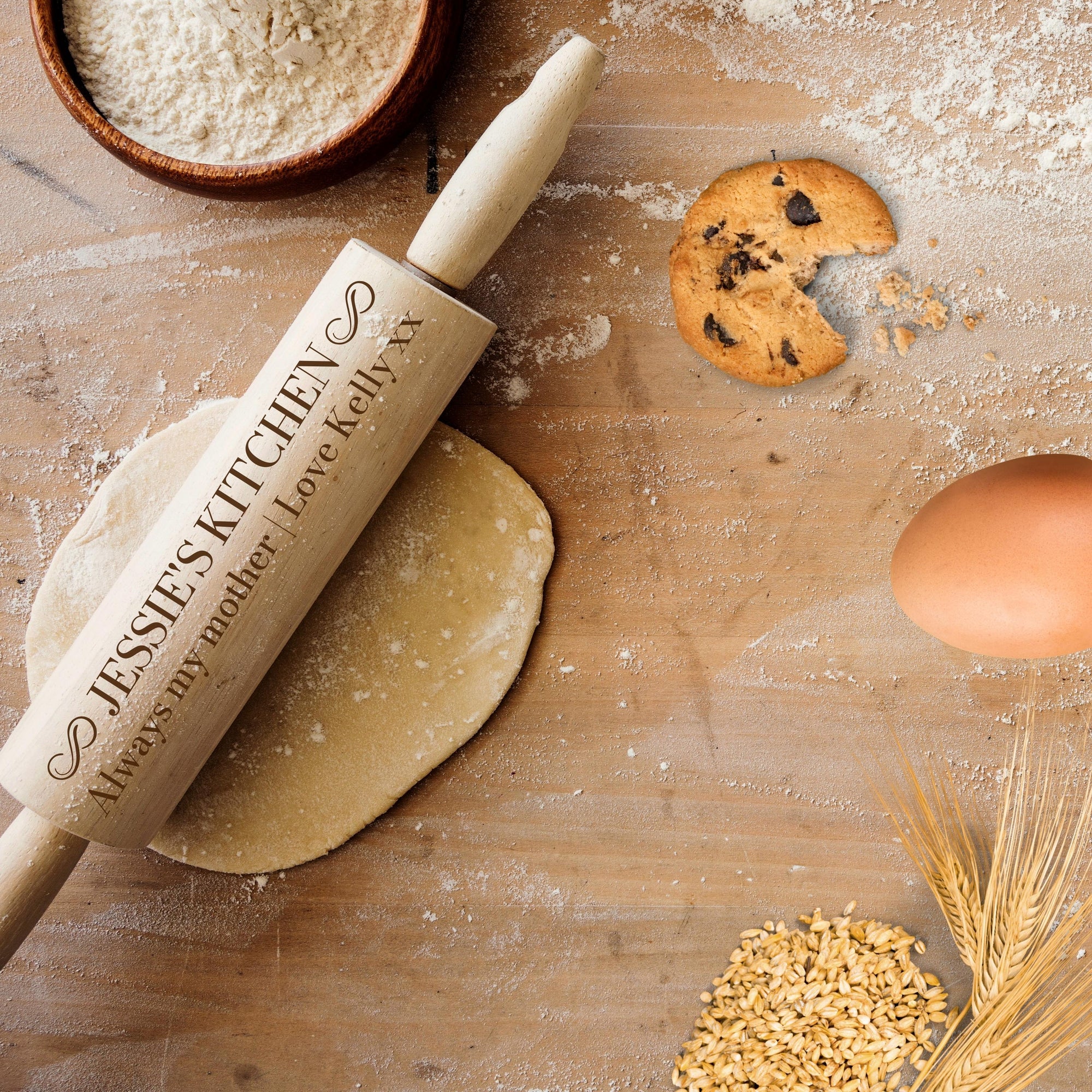 Personalised Wooden Rolling Pin, Custom Laser Engraved Timber Dough Roller, Cake Baking Utensil, Birthday Mothers Day Gift for Grandma Nanny