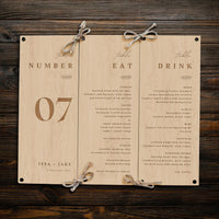 Personalised Trifold Plywood Wedding Number Program Table Sign, Engraved Custom Rustic Centrepiece Plaque Menu Holder Ceremony Event Signage