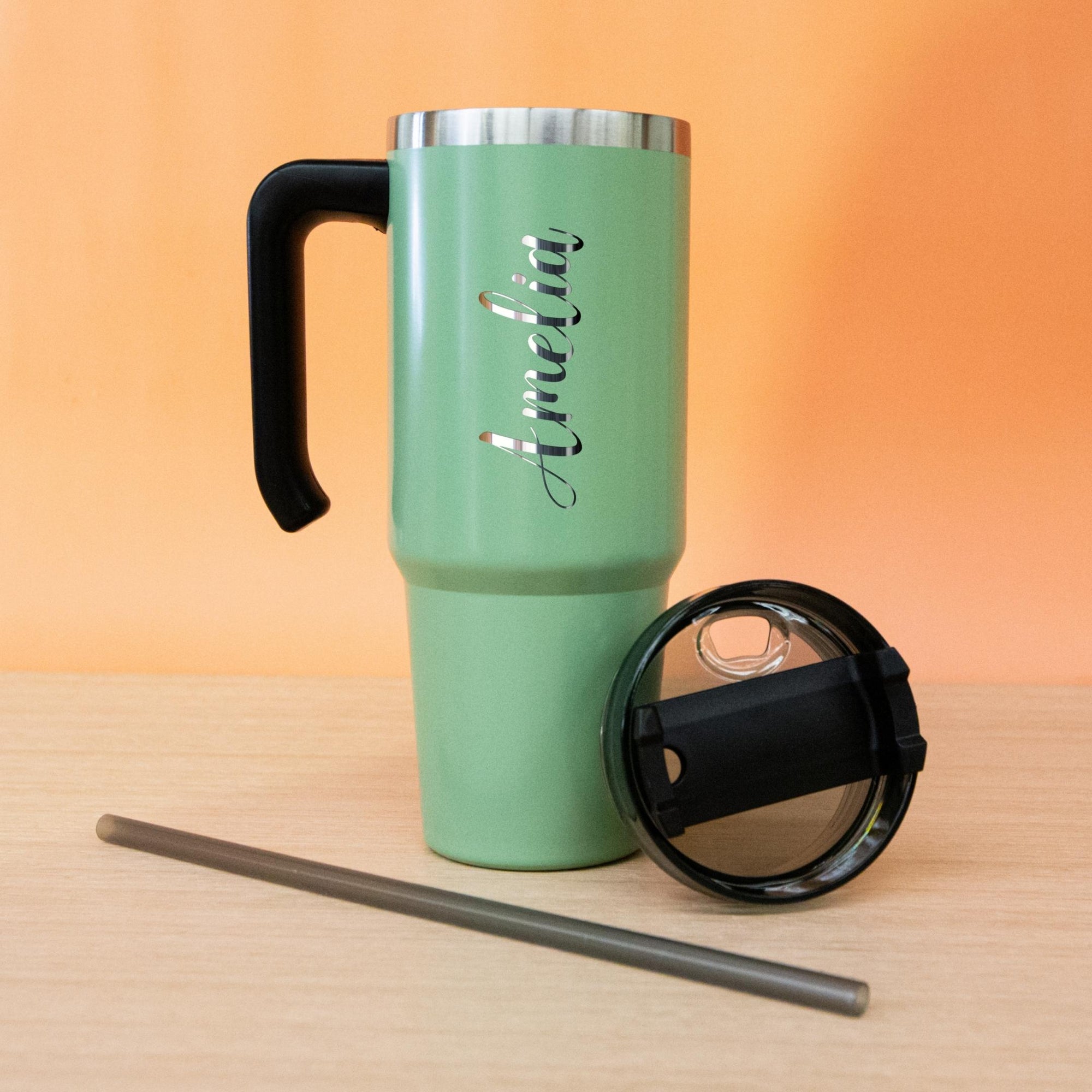 Personalised Engraved Stainless Steel Insulated Handle Tumbler &amp; Straw Set, Laser Engraved Custom Logo Travel Thermal Drink Bottle, Coffee Cup, Corporate Birthday Gift