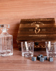 Engraved Whiskey Wooden Box - Square Decanter, 2 Scotch Glasses & 6 Ice Stones, Personalised Barware Set Groomsman Retirement Christmas Gift