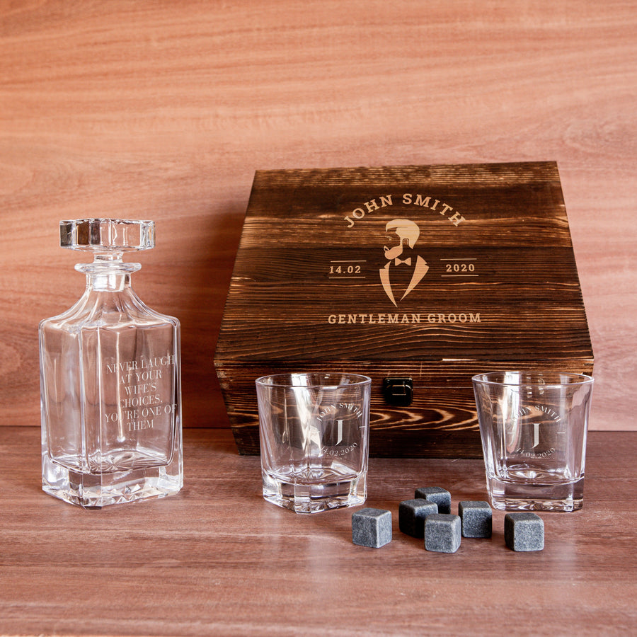 Engraved Wooden Boxed Whiskey Decanter Set, 2 Scotch Glasses & 6 Reusable Ice Stone, Charcoal Rock Personalised Custom Monogram Premium Rustic Vintage Whisky Birthday, Groomsmen, Bar Gift for Dad/ Him