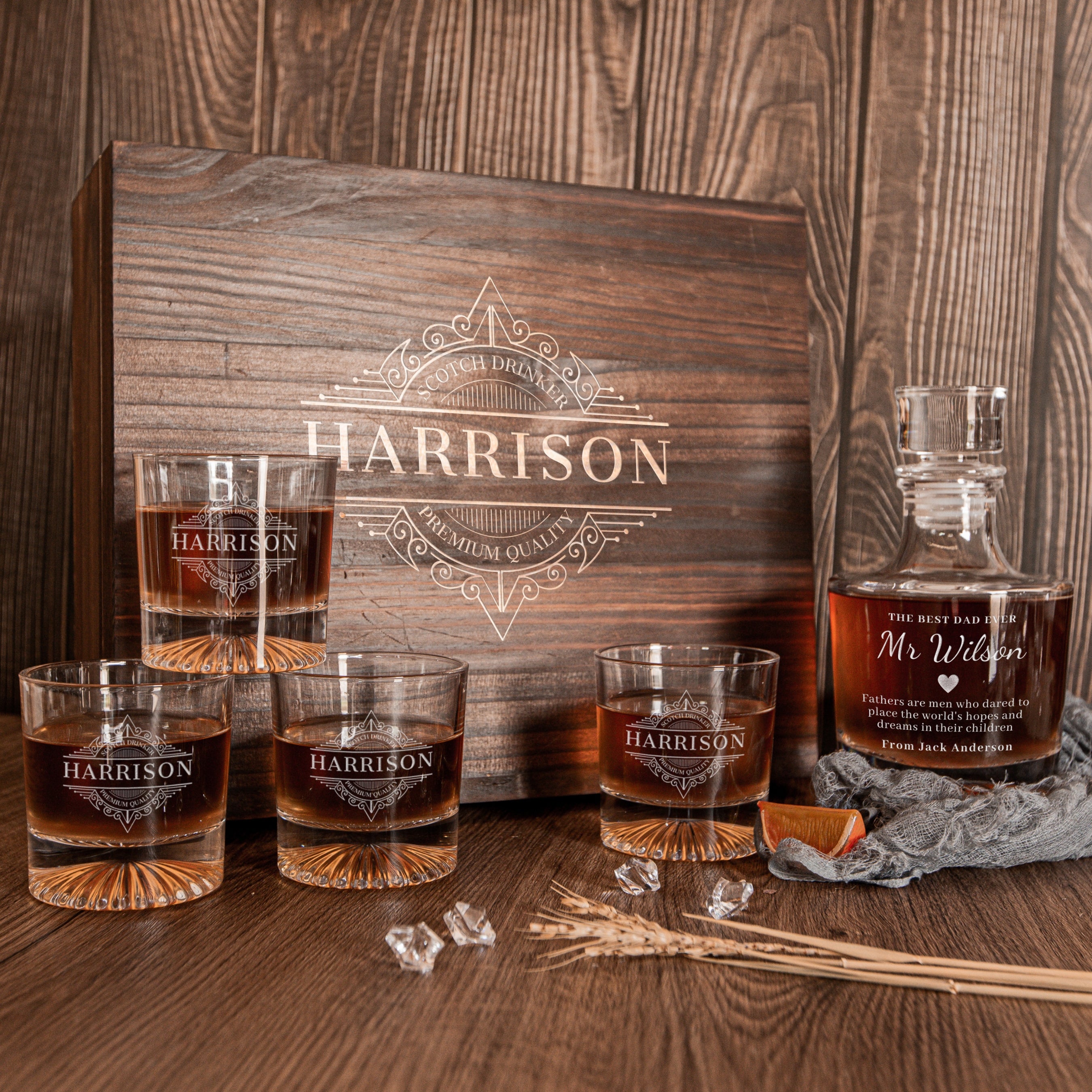 Engraved Wooden Boxed Round Whiskey Decanter Set with 4 Scotch Glasses ...