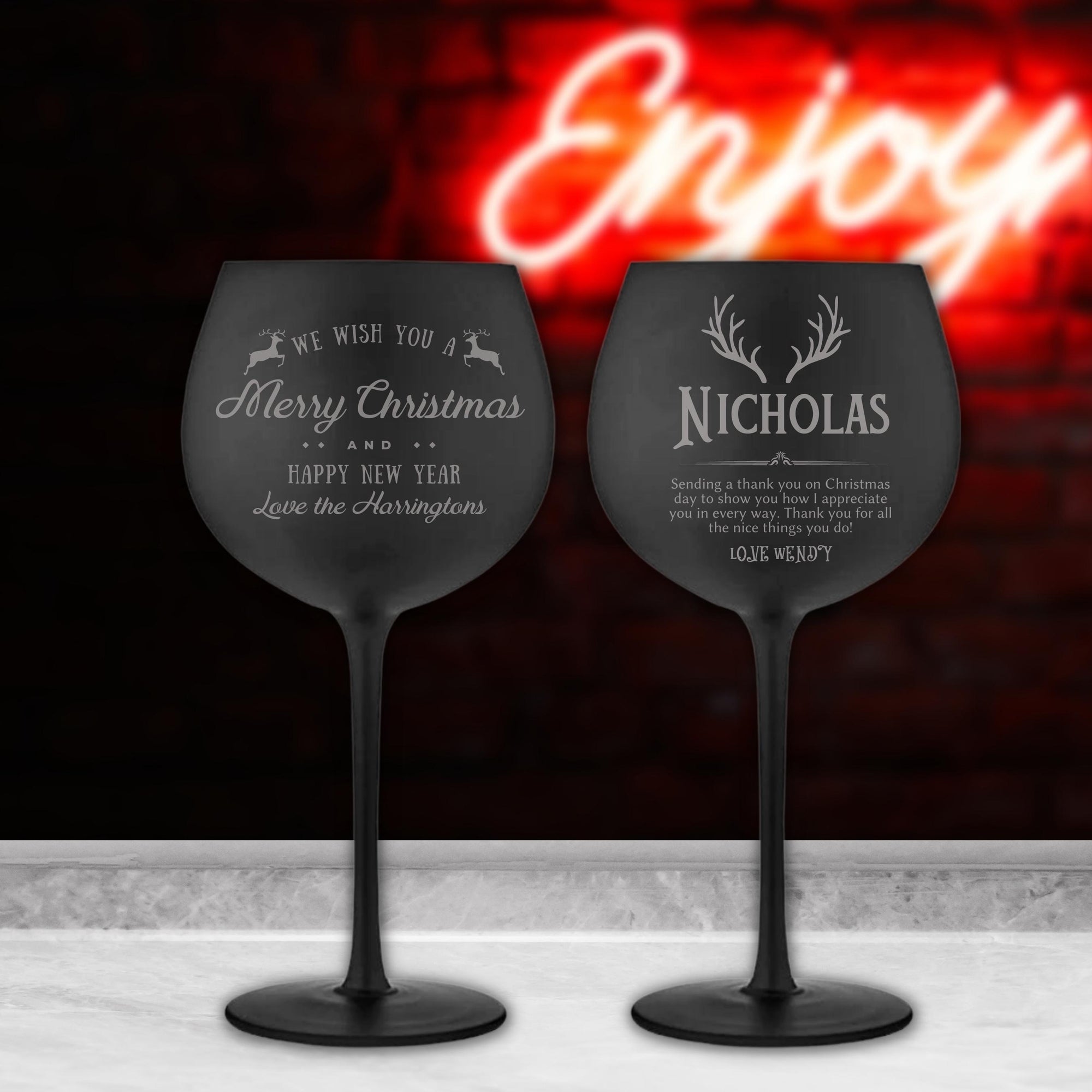 Christmas Engraving 600ml Matte Black Gin/ Spirits Stemless Wine Glass, Personalised Custom Logo Barware, New Year, Xmas, Housewarming Gift