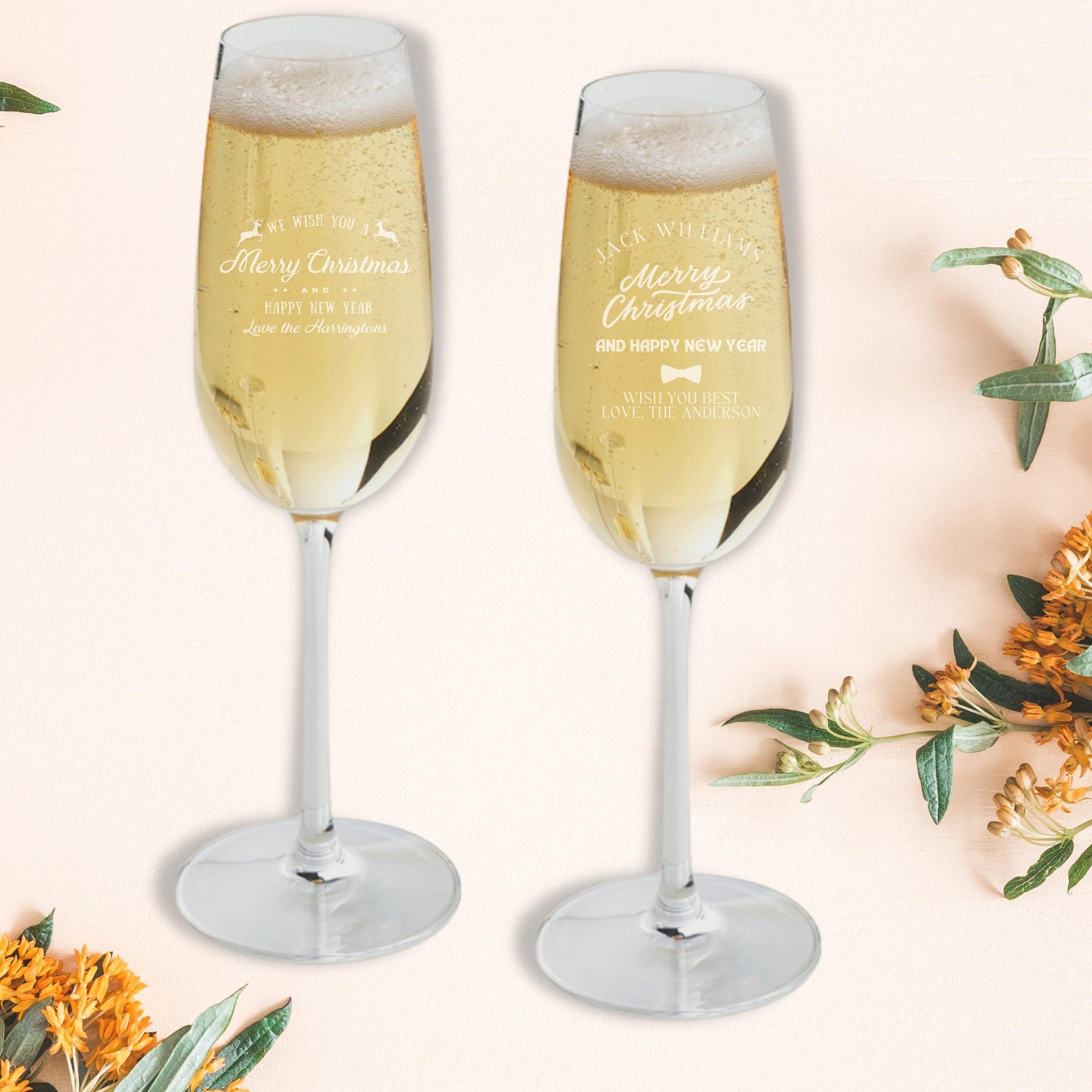 Christmas Personalised 220ml Champagne Glasses, Custom Engraved Monogram Initial Wine Glass, Xmas/ New Year Corporate Gift/ Wedding Favours