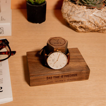Personalised Wooden Watch Display Stand Holder, Custom Engraved Solid Walnut/ Ash Watches Storage Organiser, Corporate Xmas/ Father Mom Gift