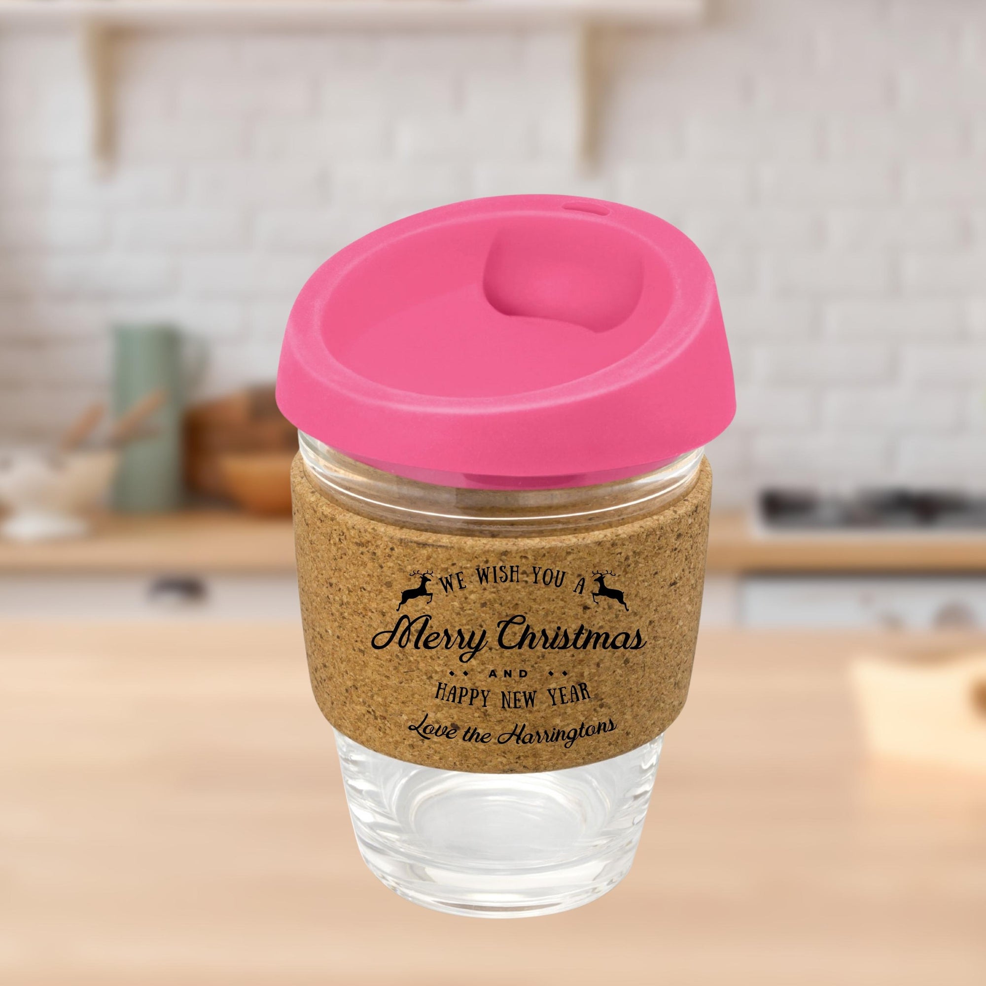 Christmas Personalised Cork Band Reusable Glass Coffee Cup, Xmas New Year Custom Engraved Mug/ Tumbler, Corporate, Birthday/ Teacher Gift