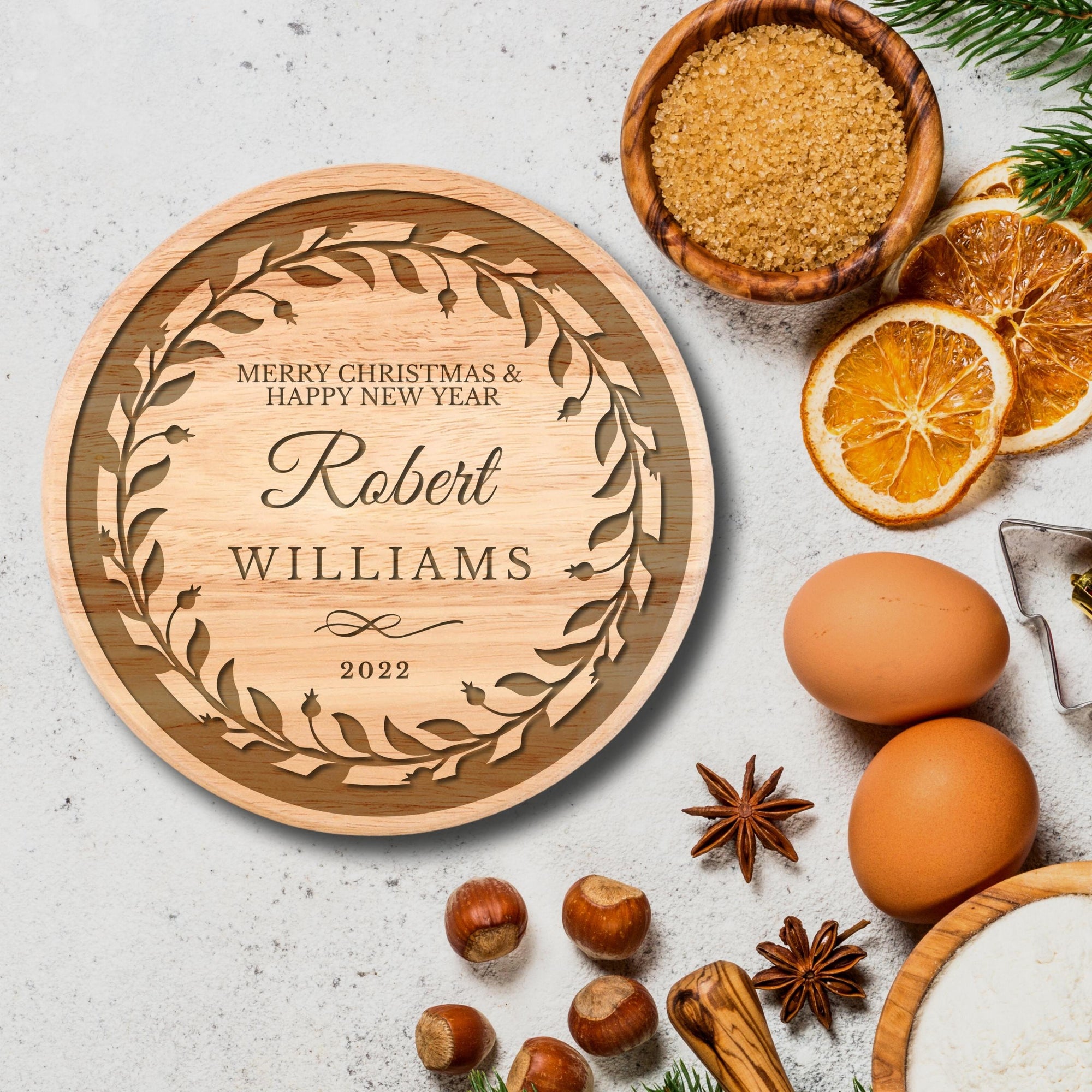 Christmas Personalised Round Wooden Cheese Board &amp; Knife Travel Set, Engraved Custom Noel/ Santa Charcuterie Platter, Xmas/ New Year Corporate Holiday Gift