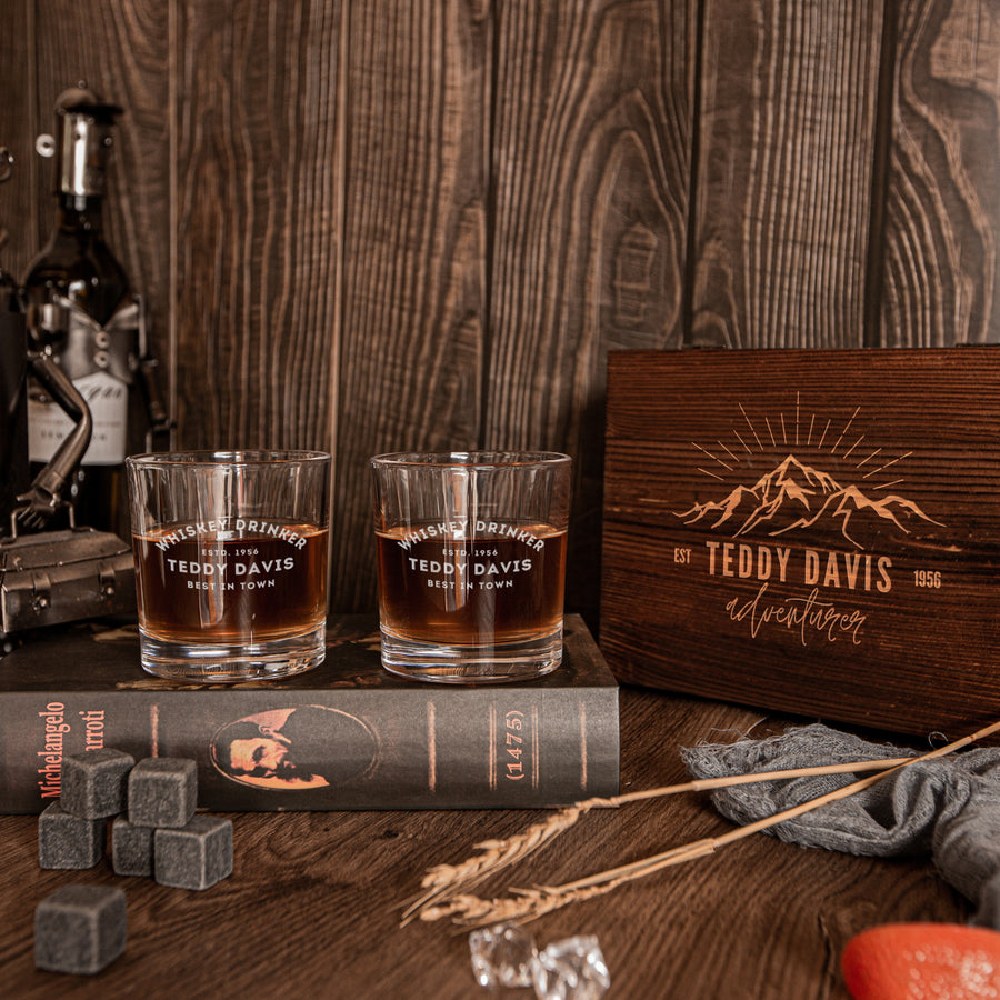 Engraved Wooden Boxed Gift Set- 2 Whisky Glasses & 6 Reusable Charcoal Ice Stone, Personalised Custom Premium Rustic Barware, Wedding Favour
