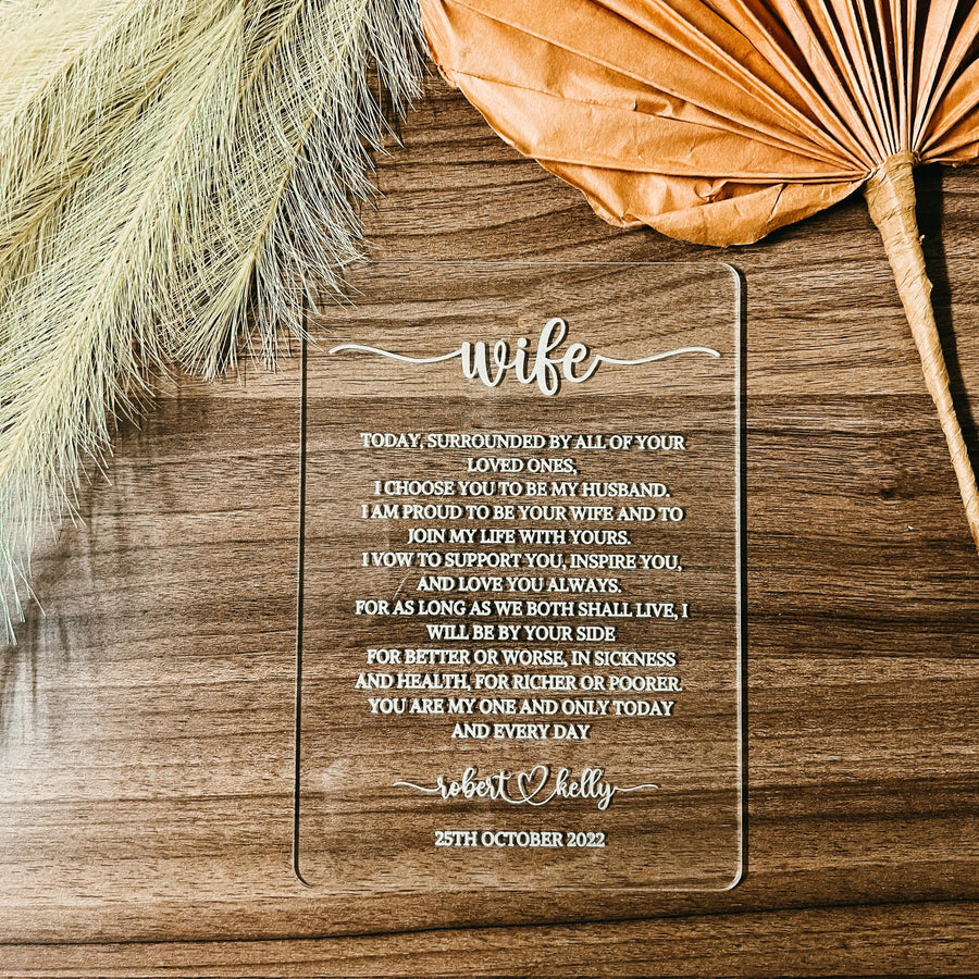 Custom Engraved Acrylic Wedding Vows, Personalised Husband and Wife Vow Book Sign, Bride/ Groom,  Newlywed Couple Plaque, Luxury Wedding Decor Ceremony/ Elegant Event / Engagement/ Bridal Shower