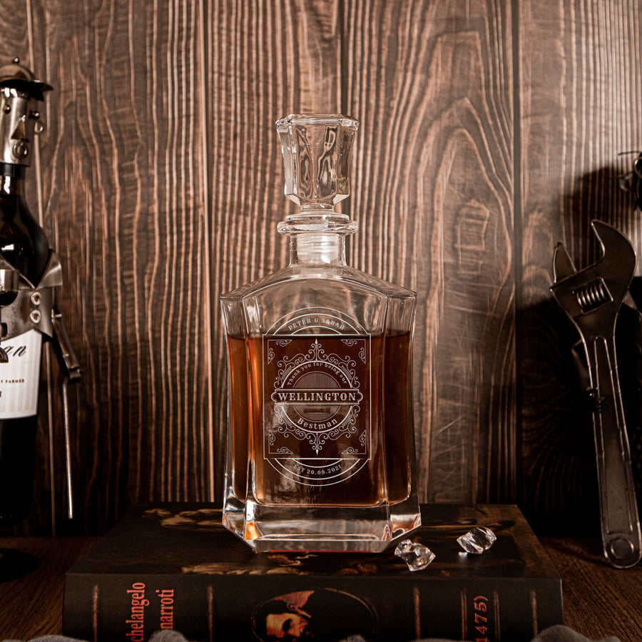 Engraved Whiskey Decanter Set & 4 Scotch Glasses, Bourbon Carafe, Personalised Custom Premium Whisky/Brandy Birthday, Groomsmen, Barware Gift for Dad/ Him
