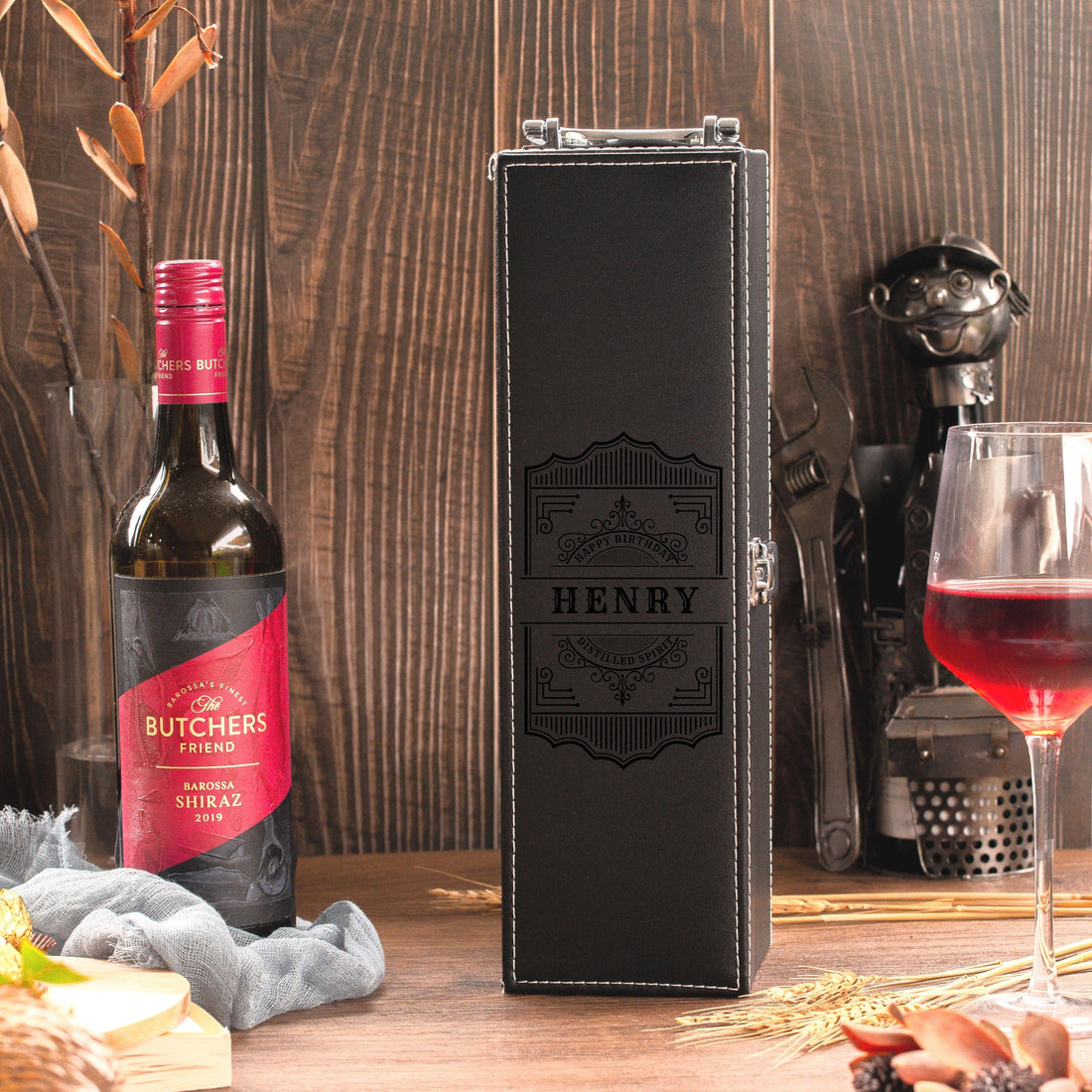 Personalised Premium Leather Wine Box & Accessories, Engraved Custom Housewarming/ Birthday/ Teacher Champagne Present Box, Wedding Bridesmaid/ Groomsman, Thank You God Parents Favour, Mother's, Father's Day