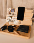 Personalised Oak Docking Station, Night Valet Stand, Wooden Phone & Watch Display, Headphone Holder, Custom Office Desk Charging Organiser, Gift for Him, Dad, Birthday, Housewarming