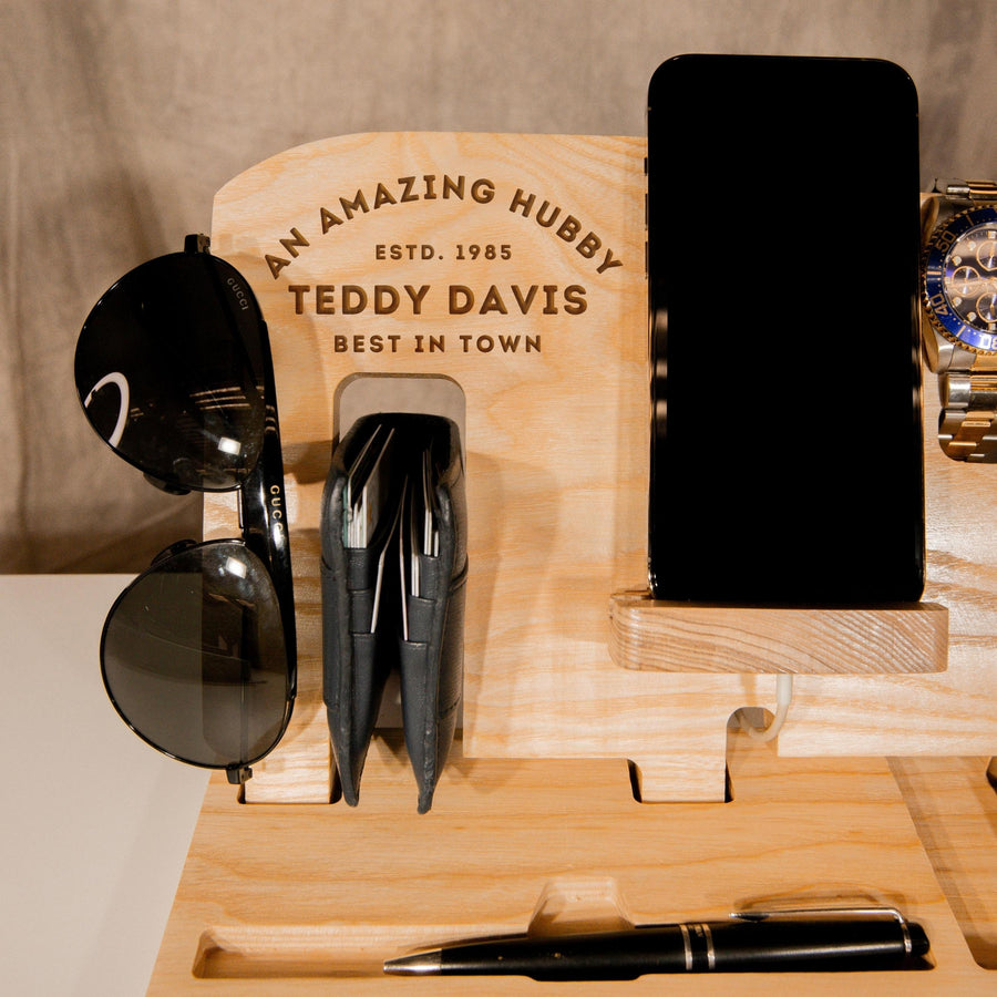 Personalised Oak Docking Station, Night Valet Stand, Wooden Phone & Watch Display, Headphone Holder, Custom Office Desk Charging Organiser, Gift for Him, Dad, Birthday, Housewarming