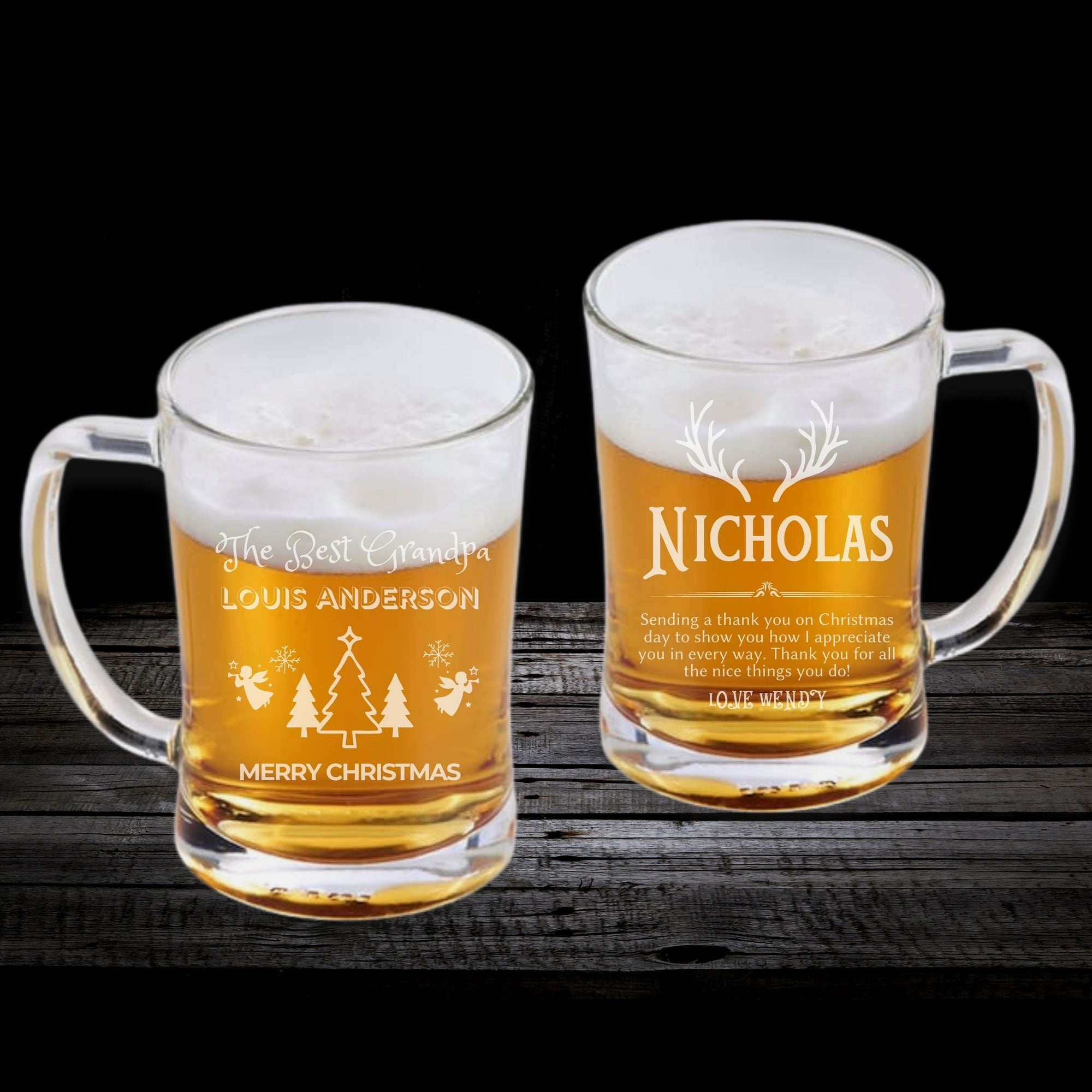 Personalised 600ml Christmas Glass Beer/ Tankard, Laser Custom Engraved Noel Mug Tank, Xmas Favours, New Year/ Anniversary Corporate/ Housewarming Present