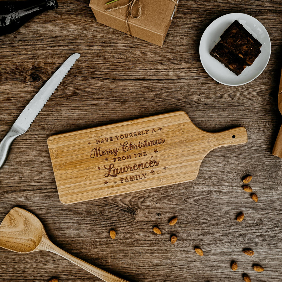 Christmas Personalised Bamboo Wooden Serving Cheese Handle Tray Cutting Board, Engraved Charcuterie Platter Custom Housewarming Xmas, New Year Gift