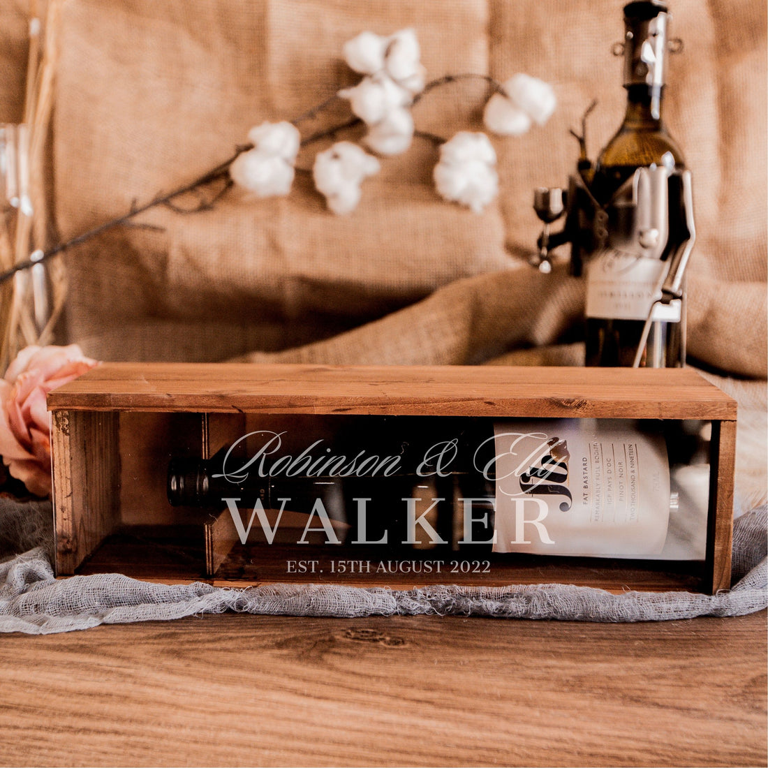 Personalised Clear Acrylic Lid & Rustic Vintage Wooden Wine Box Gift, Engraved Custom Housewarming/ Birthday, Mom-Dad, Teacher, Godparents, Wedding Favour