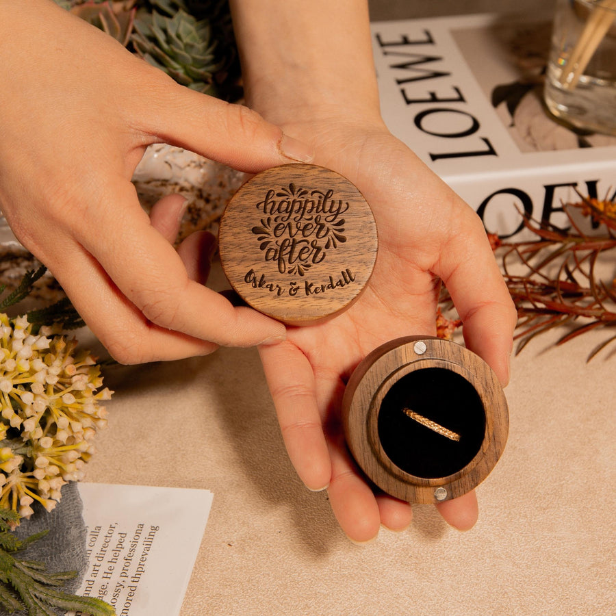 Personalised Wooden Engagement Proposal Ring Bearer Box, Custom Engraved Wedding Single Slot Solid Walnut Round Ring Holder Storage, Anniversary Gift 