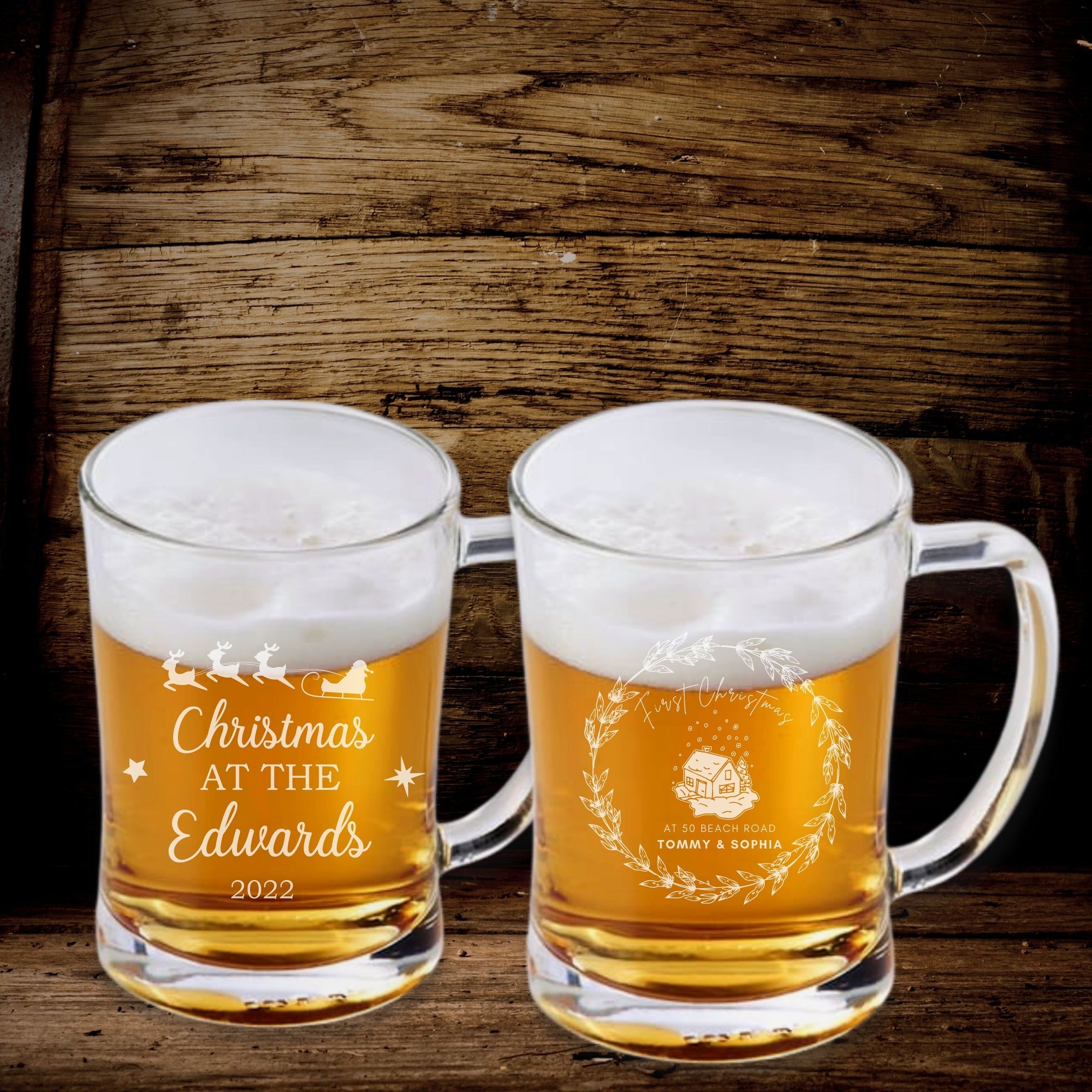 Personalised 600ml Christmas Glass Beer/ Tankard Mug, Laser Custom Engraved Noel Glass Tank, Xmas Favours, New Year/ Anniversary Corporate/ Housewarming Present