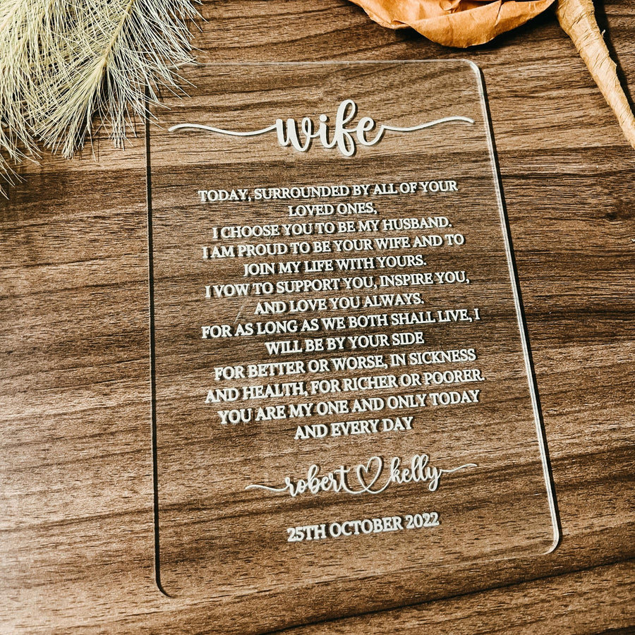 Custom Engraved Acrylic Wedding Vows, Personalised Husband and Wife Vow Book Sign, Bride/ Groom,  Newlywed Couple Plaque, Luxury Wedding Decor Ceremony/ Elegant Event / Engagement/ Bridal Shower