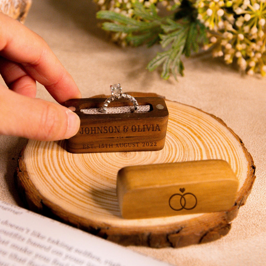 Personalised Wooden Engagement Proposal Ring Bearer Box, Custom Engraved Wedding Single Slot Solid Walnut Rectangle Ring Holder Storage, Anniversary Gift 