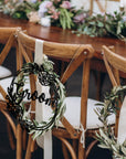 Personalised Wooden/ Mirror Acrylic Wedding Chair Sign for Reception, Custom Matching Pair of Couple Name Signage, Mr & Mrs, Groom & Bride, Hubby & Wifey, Husband & Wife Scribble Flower Hoop, Rustic Event Photo Prop