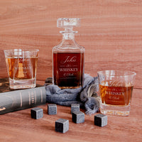Engraved Whiskey Wooden Box - Square Decanter, 2 Scotch Glasses & 6 Ice Stones, Personalised Barware Set Groomsman Retirement Christmas Gift