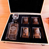 Engraved Wooden Boxed Whiskey Decanter Set & 4  Scotch Glasses, Personalised Custom Vintage Whisky Barware Birthday Gift Dad/ Him, Groomsmen
