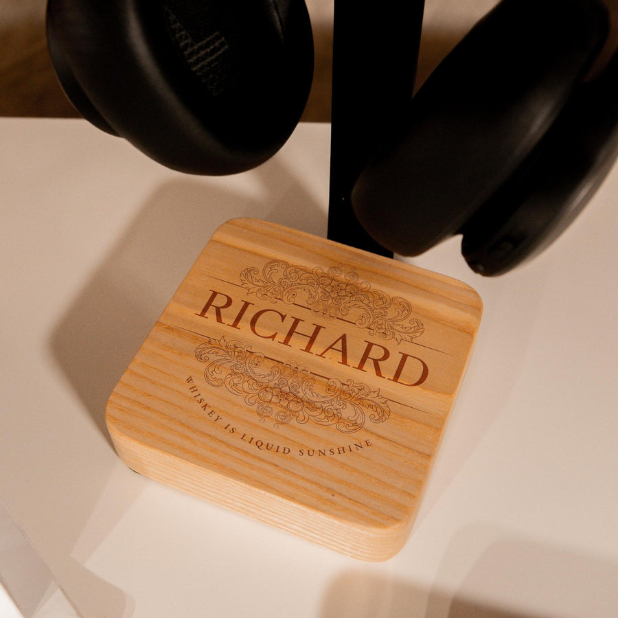 Personalised Wooden Headphone Stand Holder, Engraved Solid Ash Timber Office Desk Organiser, Custom Logo Music Lover, Gamer Gift for Him, Father, Dad, Birthday, Housewarming