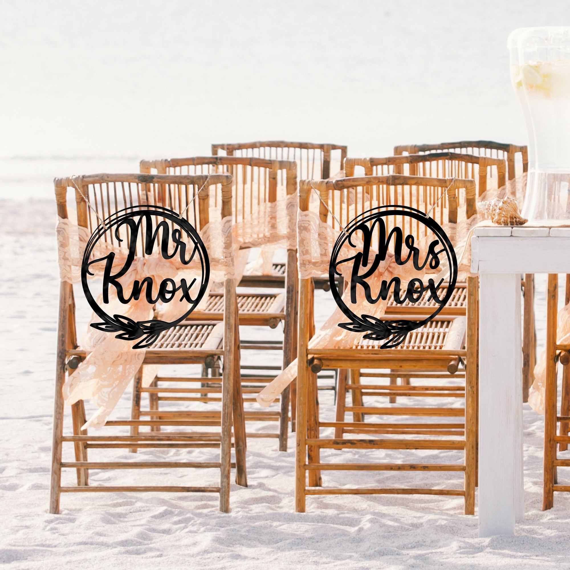 Personalised Wooden/ Mirror Acrylic Wedding Chair Sign for Reception, Custom Matching Pair of Couple Name Signage, Mr &amp; Mrs, Groom &amp; Bride, Hubby &amp; Wifey, Husband &amp; Wife Scribble Leaf Hoop, Rustic Event Photo Prop