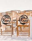 Personalised Wooden/ Mirror Acrylic Wedding Chair Sign for Reception, Custom Matching Pair of Couple Name Signage, Mr & Mrs, Groom & Bride, Hubby & Wifey, Husband & Wife Scribble Leaf Hoop, Rustic Event Photo Prop