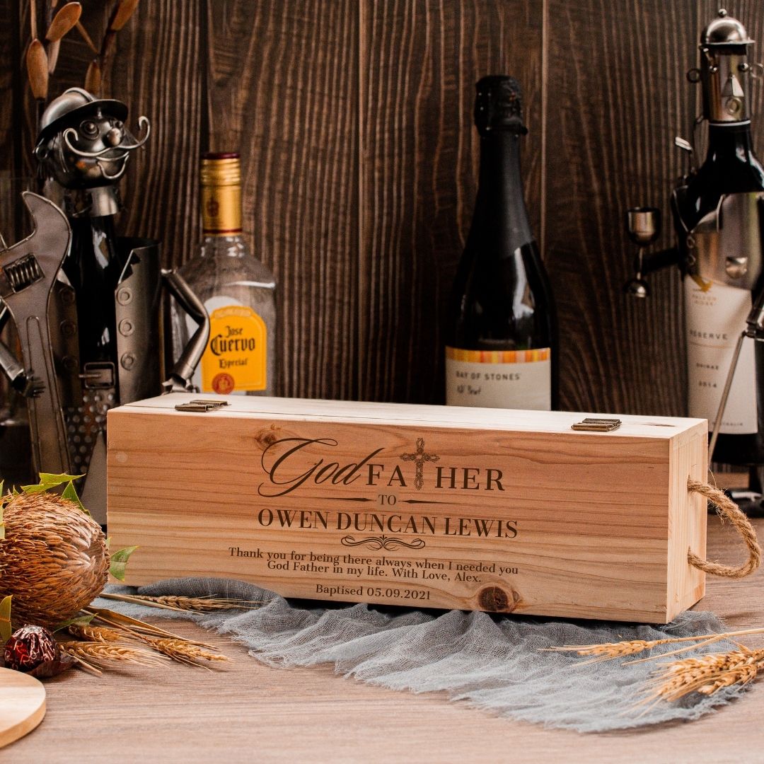Personalised Rustic Pine Wooded Wine Box Gift, Engraved Custom Housewarming/ Birthday Champagne Present Box, Wedding Bridesmaid/ Groomsman, Thank You God Parents Favour, Mother&#39;s, Father&#39;s Day